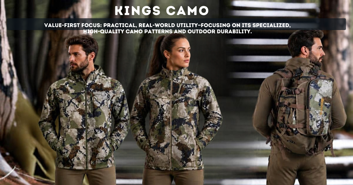 featuring 2 men and a woman wearing Kings Camo jacket and one with a backpack